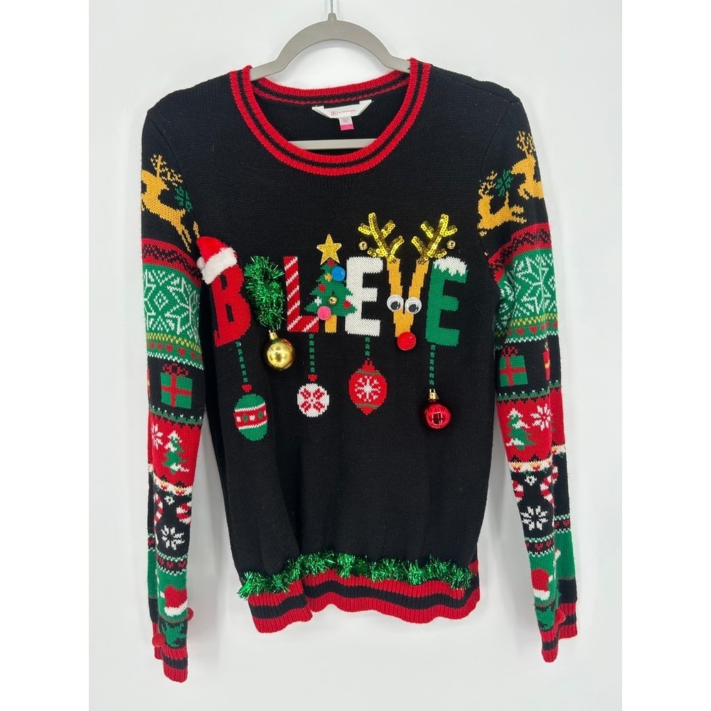 No Boundaries Juniors L 11-13 Ugly Christmas Sweater 3D BELIEVE Reindeer